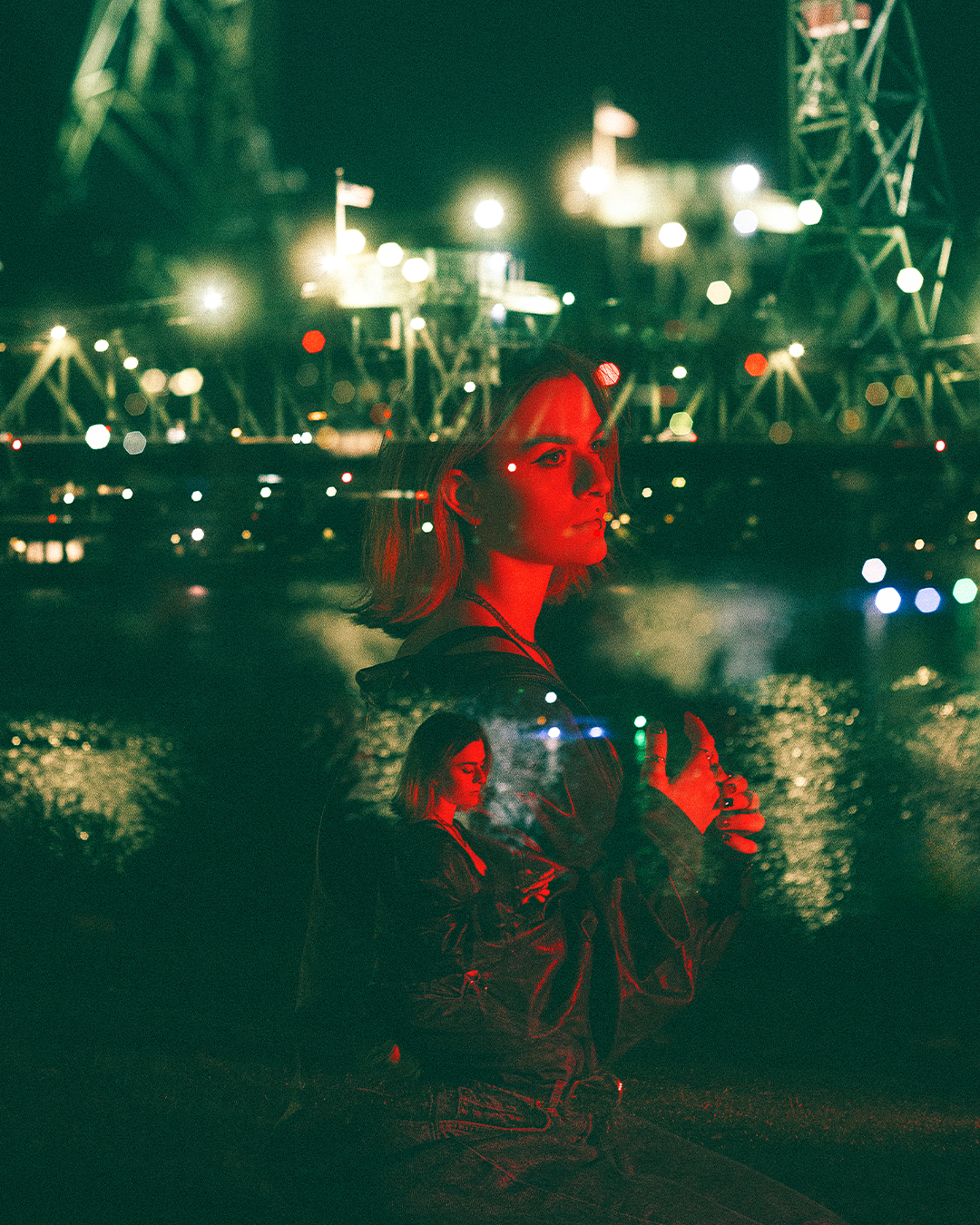 Cinematic Night Portraits in Portland: Red Light, Neon, and Double Exposures — photograph 13 of 20